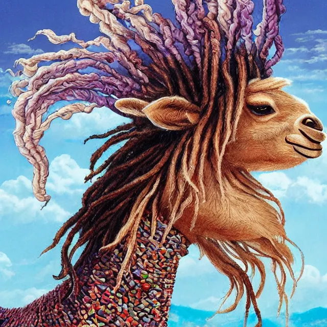 Image similar to llama with dreadlocks, by otomo katsuhiro, by mandy jurgens, ernst haeckel, james jean