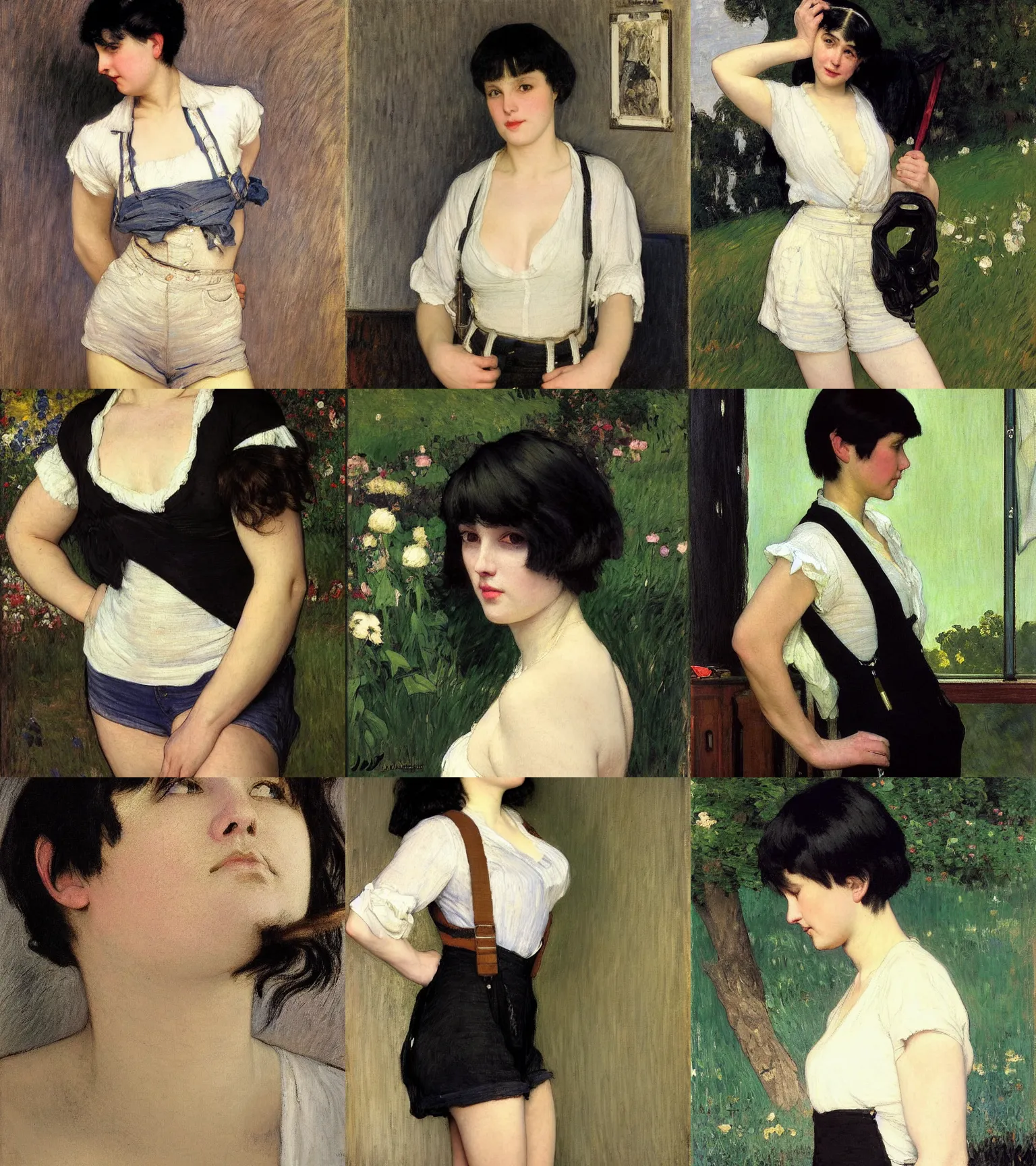 Prompt: a woman with black hair and long pixie haircut in shorts with suspenders and white t-shirt drawn by george bellows, gustave caillebotte, Alexandre Cabanel, norman rockwell, frederic leighton, maler collier, ralph bakshi, alphonse mucha, gustav klimt 4k, unreal 5, DAZ, french noveau, trending on artstation, octane render, hyperrealistic