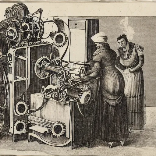 Image similar to a large mechanical machine, sewing a woman together