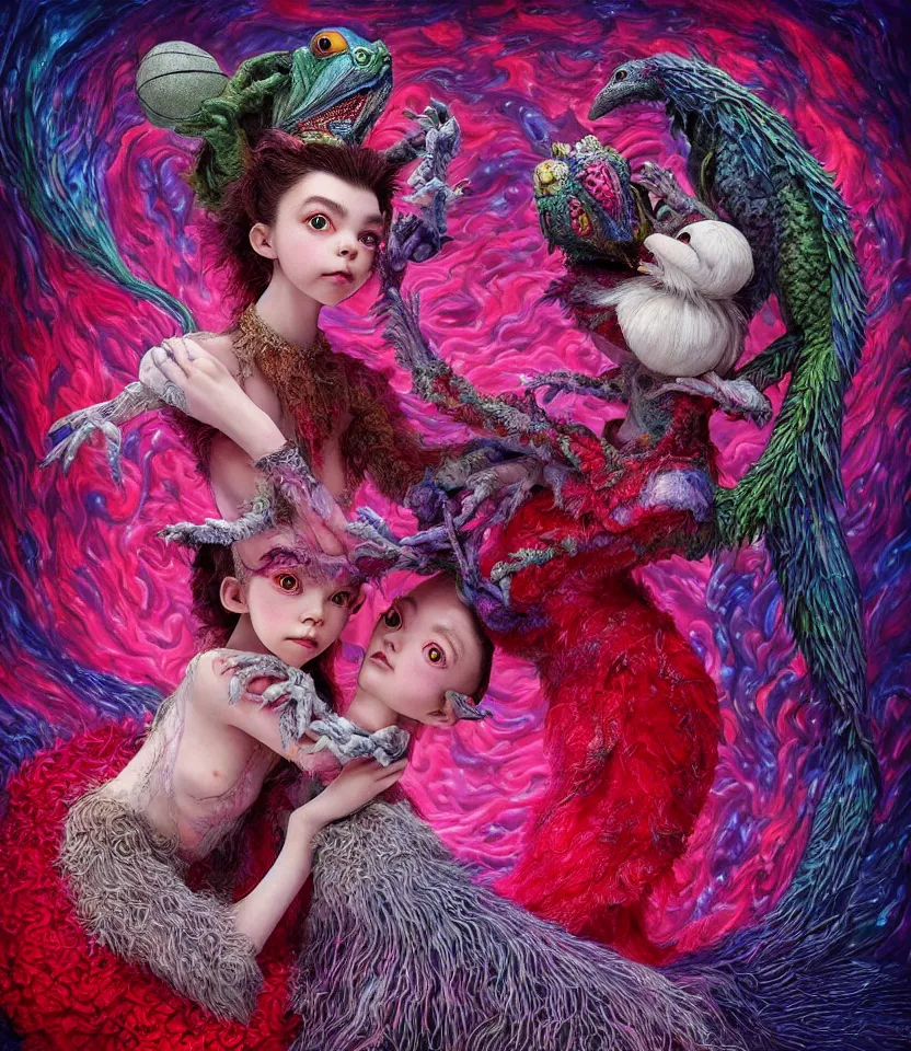 Prompt: hyper detailed 3d render like a Oil painting - kawaii portrait of lovers hugging or kissing Aurora (a beautiful girl skeksis muppet fae princess protective playful expressive acrobatic from dark crystal that looks like Anya Taylor-Joy) seen red carpet photoshoot in UVIVF posing in scaly dress to Eat of the Strangling network of yellowcake aerochrome and milky Fruit and His delicate Hands hold of gossamer polyp blossoms bring iridescent fungal flowers whose spores black the foolish stars by Jacek Yerka, Ilya Kuvshinov, Mariusz Lewandowski, Houdini algorithmic generative render, golen ratio, Abstract brush strokes, Masterpiece, Edward Hopper and James Gilleard, Zdzislaw Beksinski, Mark Ryden, Wolfgang Lettl, hints of Yayoi Kasuma and Dr. Seuss, Grant Wood, octane render, 8k