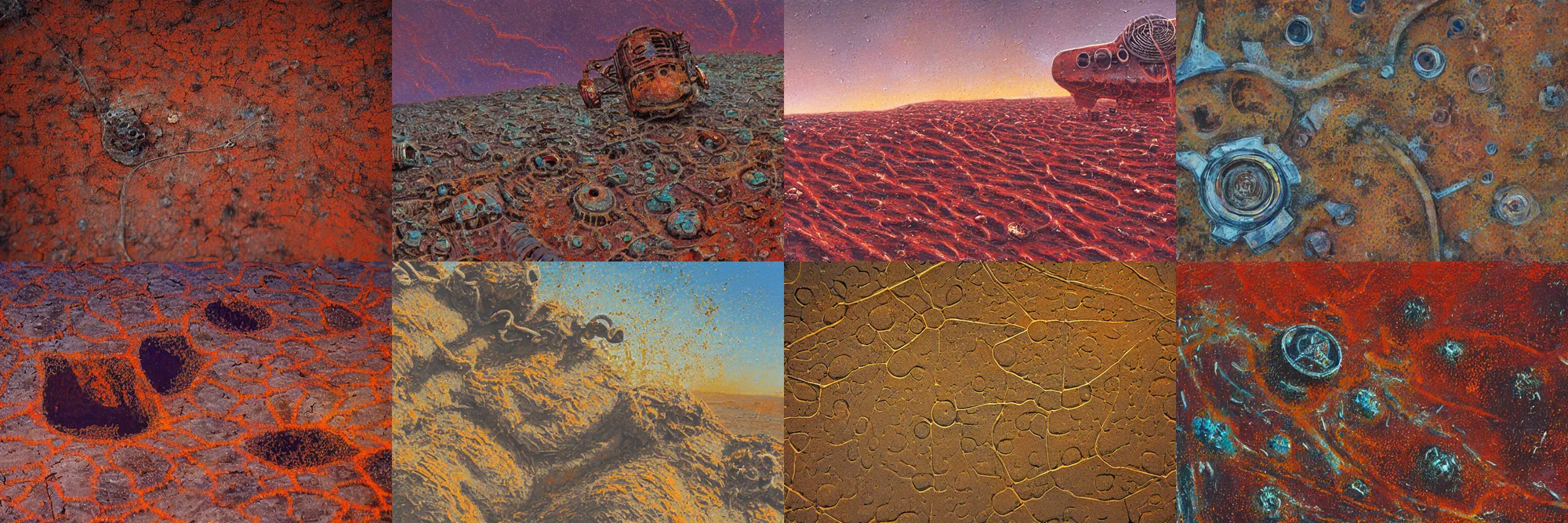 Prompt: closeup of rusty starship, vine covered, desert, cracked dry lake bed, by paul lehr, highly detailed,soft lighting, film grain, medium format, 8k resolution, oil on canvas