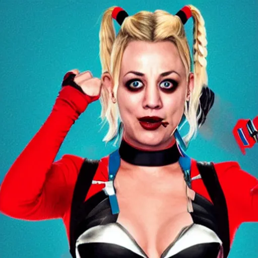 Image similar to A still of Kaley Cuoco as Harley Quinn