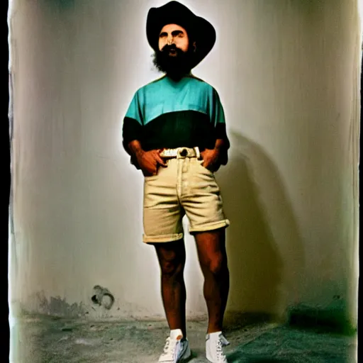 Image similar to fidel castro wearing denim shorts, full body portrait, 3 5 mm film, by nan goldin