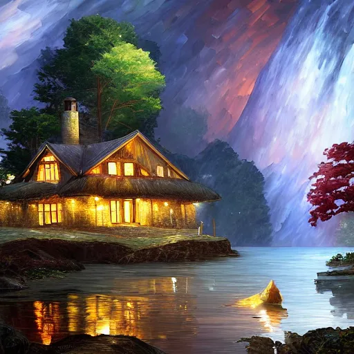 Prompt: cottage on waterfall cryengine render by android jones, james christensen, rob gonsalves, leonid afremov and tim white