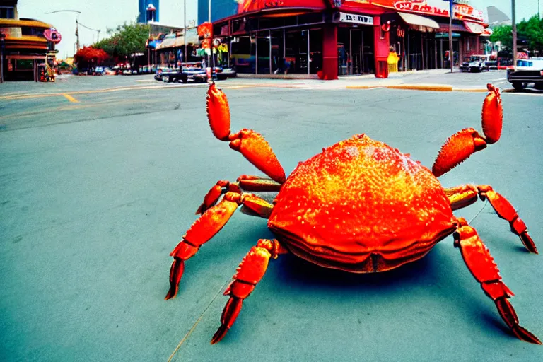 Image similar to 2 0 1 5 cute giant crab terrorizing a city, googie city, americana, fishcore, exterior photography, hd 8 k, photography cinestill