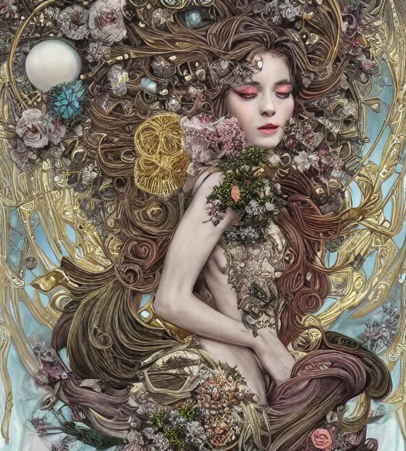 Prompt: Floralpunk elysian Maiden, silver, gold leaf, ivory and obsidian, detailed intricate ink illustration, heavenly atmosphere, detailed illustration, hd, 4k, digital art, overdetailed art, concept art, complementing colors, vivid colors, trending on artstation, art nouveau designs, Cgstudio, the most beautiful image ever created, dramatic, illustration painting by alphonse mucha and Ruan Jia, vibrant colors, 8K, style by Wes Anderson, award winning artwork, high quality printing, fine art, beautiful scenery, by Makoto Shinkai, syd meade, 8k ultra hd, artstationHD, 3d render, hyper detailed