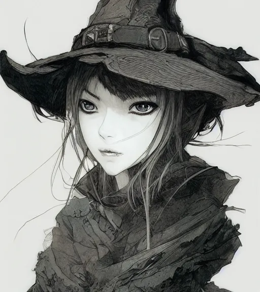 Image similar to portrait of anime woman wearing witch hat, pen and ink, intricate line drawings, by craig mullins, ruan jia, kentaro miura, greg rutkowski, loundraw