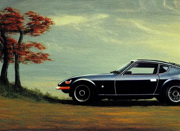 Image similar to a datsun 2 4 0 z in the art style of caspar david friedrich