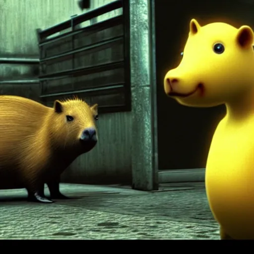 Prompt: capybara with a banana on top of its head. screenshot from max payne game