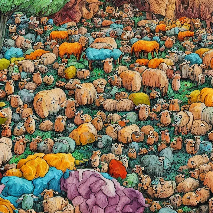 Prompt: a herd of sheep lying dead over mountains of gigantic fruit, naivistic art, childrens drawing, story book illustration, expressive, colorful, schizophrenic, paranoid