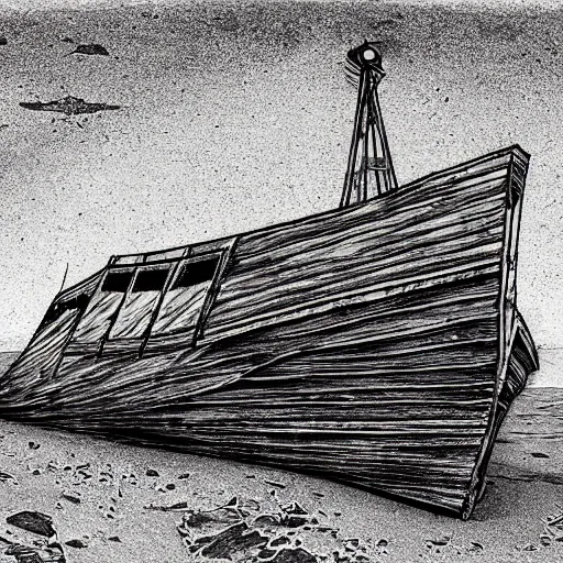 Image similar to ultra precise, asymmetric fineliner drawing of an abandoned ship in the aral sea desert, three colour ink marker pen on rainbow spattered glossy paper. bold lines, gallery quality, photorealistic, very detailed, 8 k