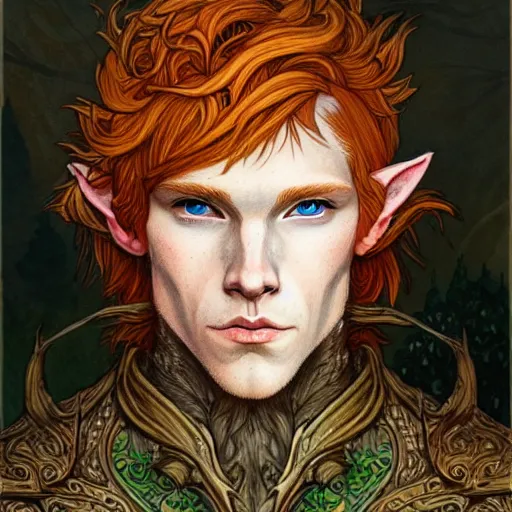 Image similar to portrait painting of an elven young man with short ginger hair and tree tattoos on his cheeks wearing fur armor, sharp focus, award - winning, trending on artstation, masterpiece, highly detailed, intricate. art by rebecca guay