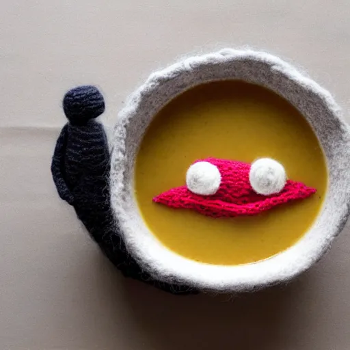 Image similar to a bowl of soup that looks like a monster, knitted out of wool