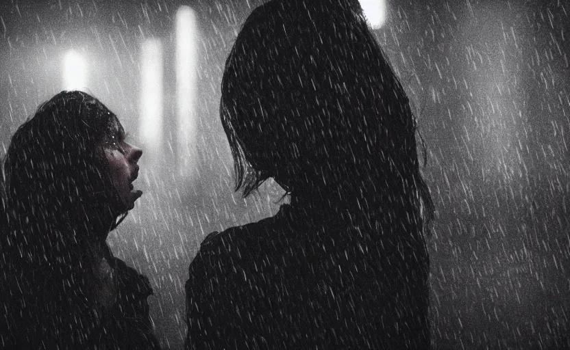 Prompt: cinestill 5 0 d candid photographic portrait by christopher nolan of two loving female androids sobbing wearing rugged black mesh techwear in treacherous waters, extreme closeup, modern cyberpunk moody emotional cinematic, pouring rain menacing lights shadows, 8 k, hd, high resolution, 3 5 mm, f / 3 2, ultra realistic faces, ex machina