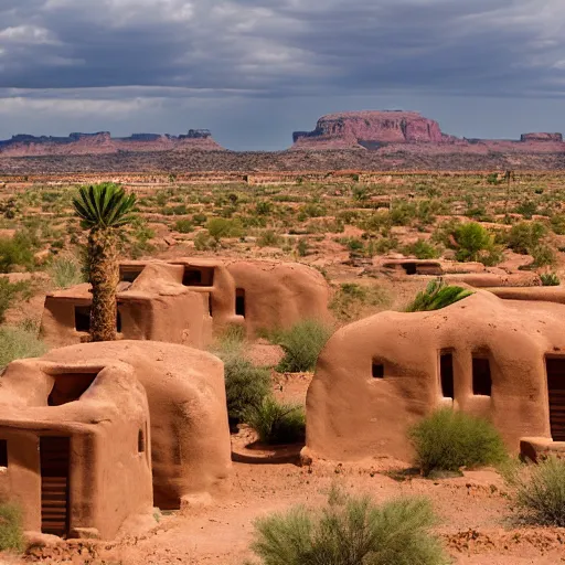 Prompt: A village of mud and bricks houses perched on top a wide mesa, in the Arizona desert. Scenic view, trending on 500px