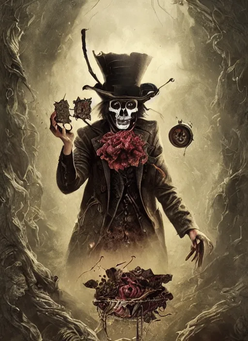 Prompt: Mad Hatter, Death Tarot card,highly detailed,half skull face,cinematic,8k,by Stanley Artgermm,Tom Bagshaw,Greg Rutkowski,Carne Griffiths, Ayami Kojima, Beksinski, Giger,trending on DeviantArt,hyper detailed,horror, full of colour