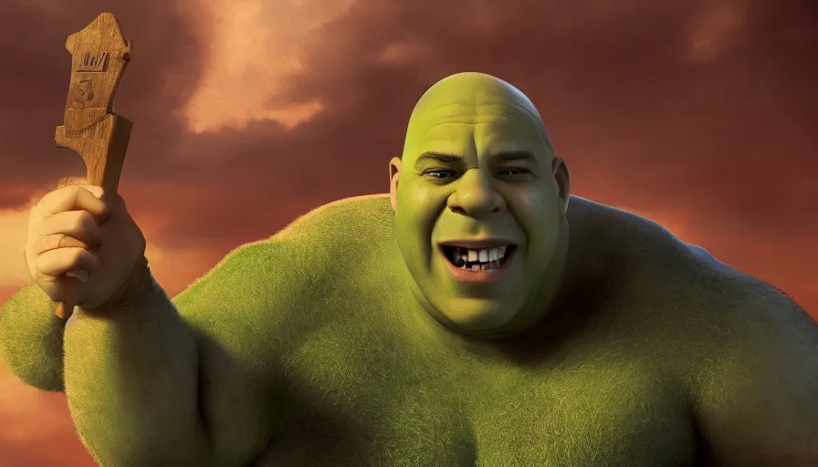 Image similar to Vin Diesel is Shrek, hyperdetailed, artstation, cgsociety, 8k