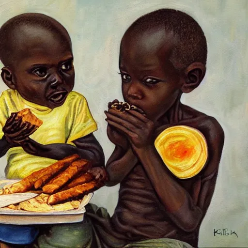 Image similar to oil painting of a malnourished ugandan boy sharing bread with a blond well fed child american, by kelly freas