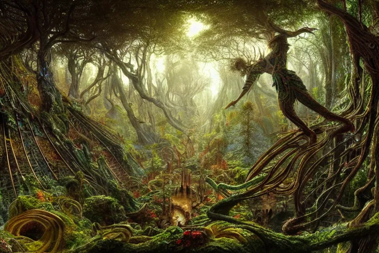 Image similar to a beautiful and highly detailed digital painting of an epic elven construction in an intricately woven forest in the misty mountains, psychedelic patterns, intricate details, epic scale, 8 k, sharp focus, photorealism, artstation, cgsociety, by caspar friedrich, albert bierstadt, james gurney, brian froud,