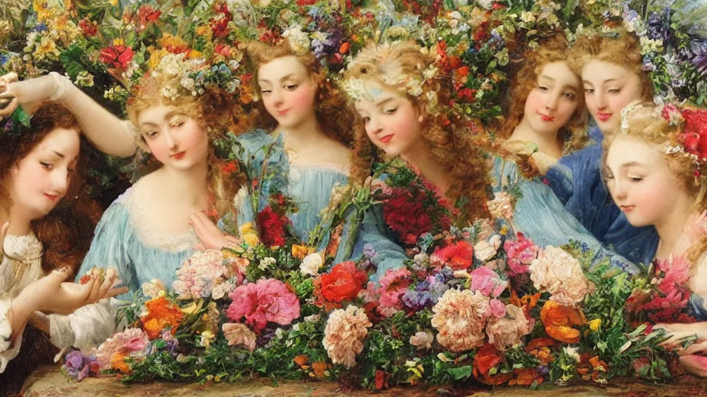 Image similar to A young guy's head is lying in a beautiful bouquet of flowers on a table, and his sisters are looking on, ancient fairy tale style