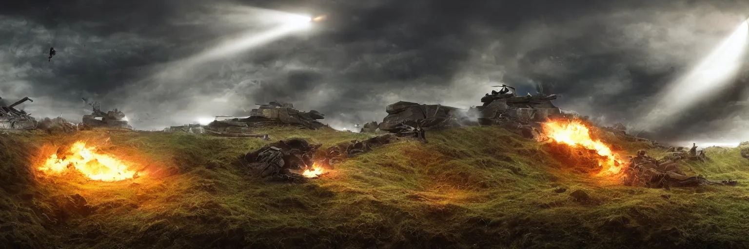 Prompt: natural looking fight landscape of ww 1 deep trenches with fortifications, soldiers fighting with aliens fro resistance game, green gas spreading across land, futuristic tank is on fire, ground explosion in the background, alien mothership in the sky, hyper realistic, highly detailed, dramatic lighting, raytarced, god rays, 4 k, 8 k, matte painting