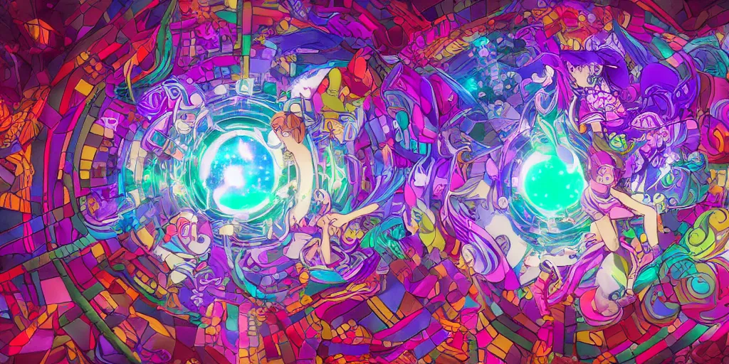 Image similar to Dreamy psychedelic anime, extremely colorful, geometric, Madoka witch labyrinth, patchwork, photoshop, HDR, 4k, 8k, abstract