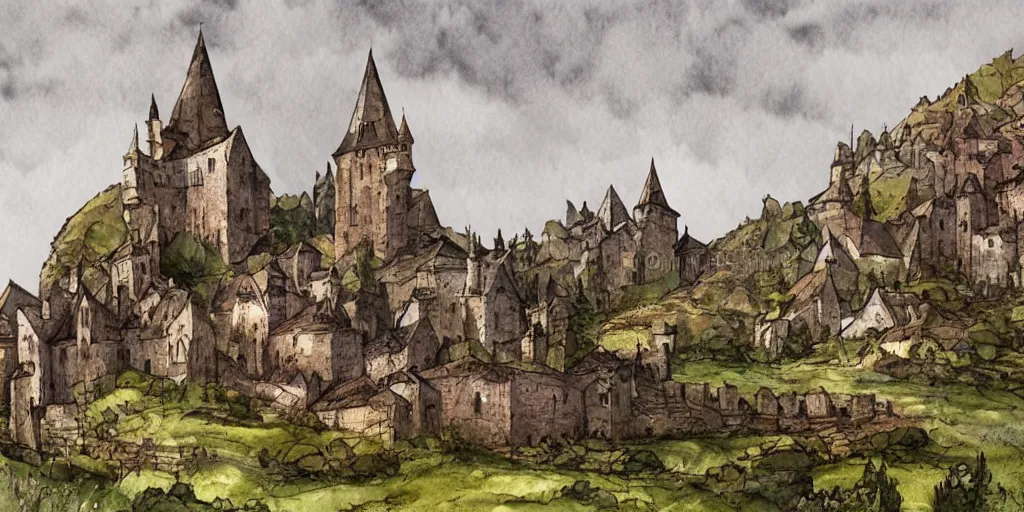 Prompt: landscape with a medieval gothic castle and a medieval village in a valley, watercolor-wash illustration by Jean-Baptiste Monge, post processing, clean minimal svg vector illustration