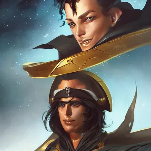 Prompt: Portrait of a stylish androgynous pirate space captain, dark hair, golden eyes, delicate features, teasing smile, artstation, graphic novel, art by stanley artgerm and greg rutkowski and peter mohrbacher,