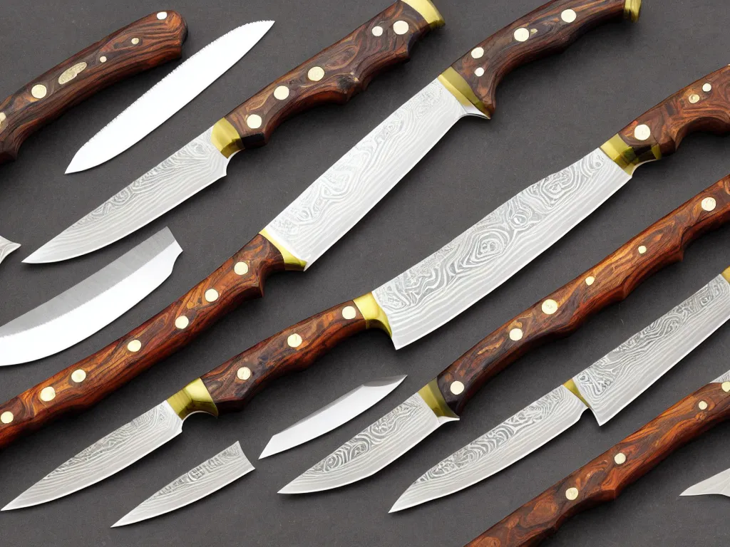 Prompt: classic master smith custom knives hand crafted from silver and brass and Damascus steel