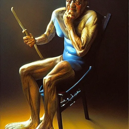 Image similar to angry old man in chair inside a dark house, surrealism, painting by boris vallejo and michael whelan