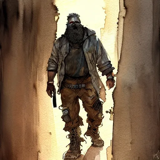 Image similar to post apocalyptic wasteland explorer, dark science fiction, bulky dude, male, old man, tan skin, huge beard, style craig mullins, watercolor