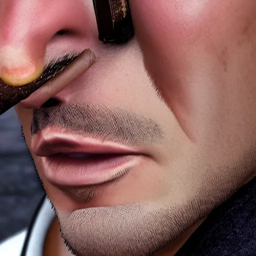 Image similar to a closeup photo of handsome gigachad markiplier smoking a cigar, 8k photorealism, extremly detailed, trending on artstation