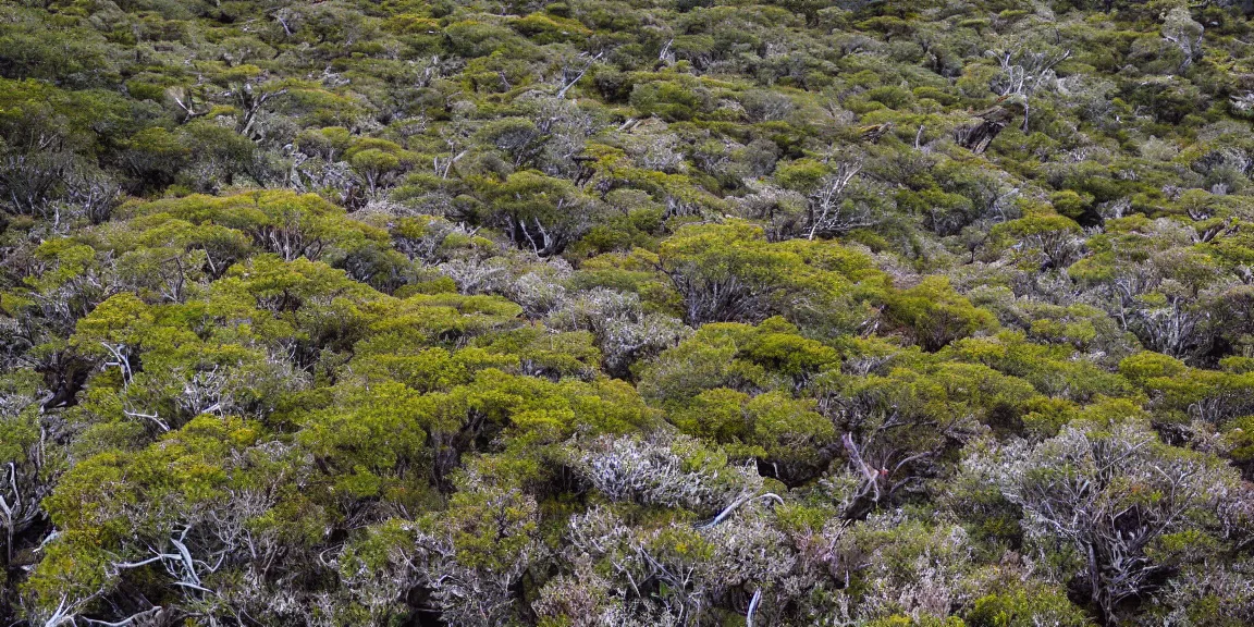 Image similar to Rocky clearing in the Patagonian temperate forests. Magellanic, mountainous area. Rare flora, Nothofagus, twisted and bent trees. windy environment, shrubs, rocky and poorly drained. Succulent species, crowberries carpeting the ground. Overcast, cloudy. September 12th. Patagonian Chile and Argentina. Trending on Artstation, deviantart, worth1000. By Greg Rutkowski. National Geographic and iNaturalist HD photographs