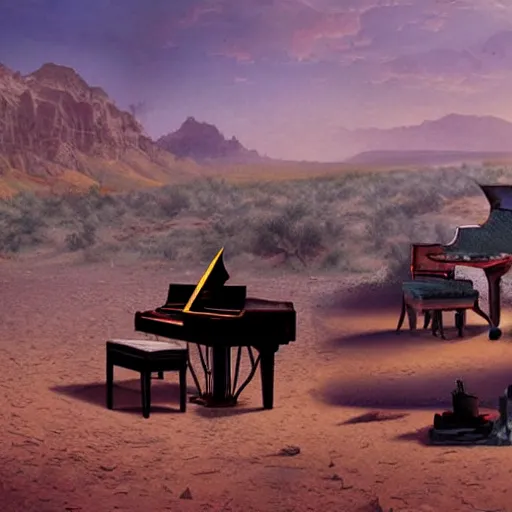 Prompt: UHD photorealistic Frankenstein playing piano in the desert by Greg Rutkowski