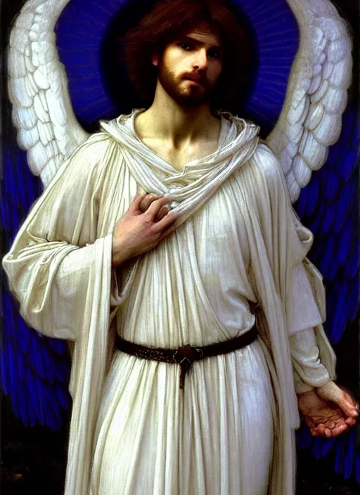 Prompt: portrait of beautiful male archangel in white robes with blue light streaming down from heaven, pre - raphaelite painting by john william waterhouse, trending on artstation. highly detailed, symmetrical face.