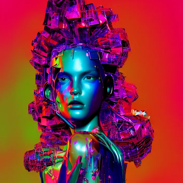 Prompt: portrait of a fashion model exuberant surreal cyber style, colorful, dynamic pose, beautiful realistic face, octane render, vray, detailed, wide angle, halftoned, editorial photography, matte print, grainy light, ( ( dither ) ), risograph, high contrast, screen print, rich grainy texture