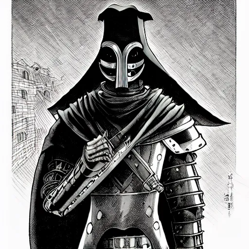 Prompt: portrait of a plague doctor warrior wearing an armor by Takeshi Obata