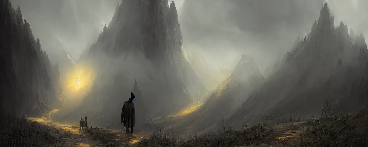 Image similar to a dark wizard as the subject of a landscape artwork where he is walking along an old path leading up to a mountain in the background, the sky is dark and gold, and the mood of this artwork is dull, very detailed concept art, matte painting, digital art, concept art, realistic beautiful, trending on artstation, greg rutkowski