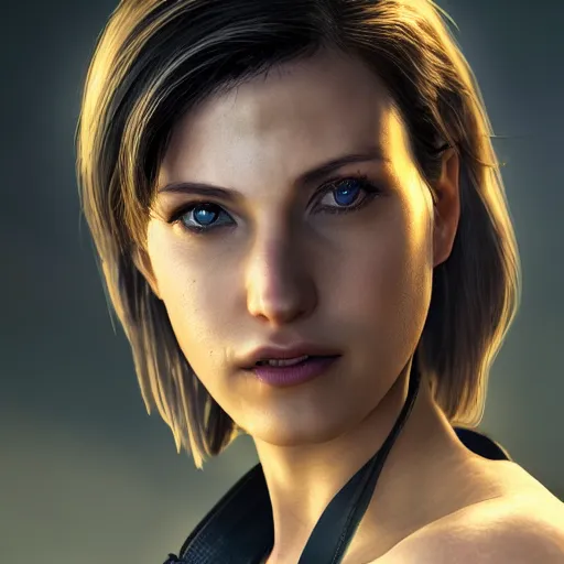 Image similar to Beautiful jill valentine in real life, face centered portrait, Confident, fog, rain, volumetric lighting, beautiful, golden hour, sharp focus, ultra detailed, cgsociety by Leesha Hannigan, Ross Tran, Thierry Doizon, Kai Carpenter,Ignacio Fernández Ríos