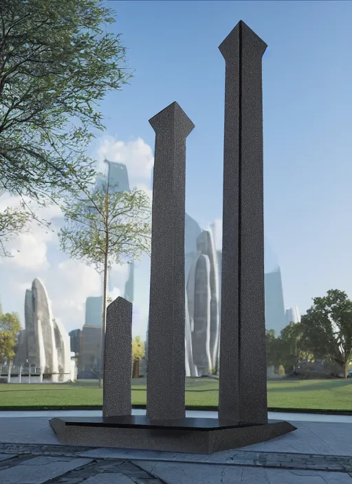 Image similar to highly detailed architecture render of a huge futuristic metallic stele sculpture standing in city park, archdaily, made in unreal engine 4