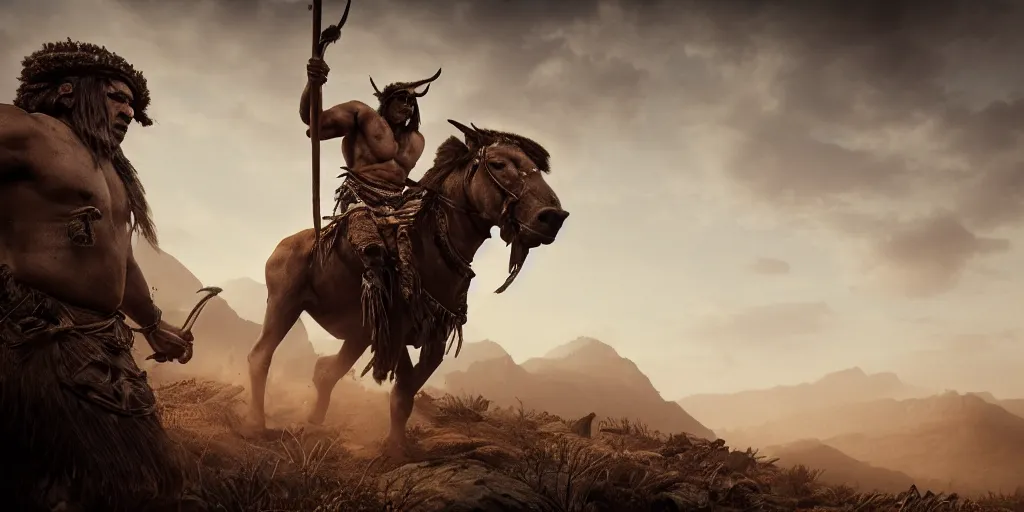 Image similar to an ancient tribesman driving an ancient motorcycle, hunting bisons , symmetrical face, muscular body, attacking, chase, action scene, an epic fantasy, dramatic lighting, cinematic, establishing shot, extremely high detail, photorealistic, cinematic lighting, artstation, octane render, western,old photo, vintage