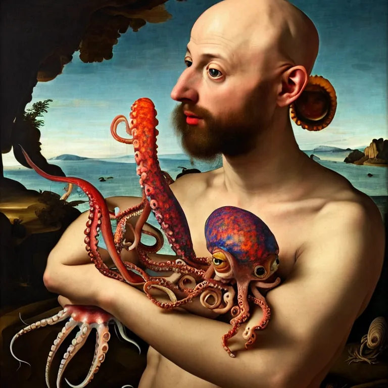 Image similar to young bald man standing in a shell, holding a squid, octopus, sea in the background, beautiful baroque portrait painting, psychedelic, trippy, hallucination, dream, beautiful detailed intricate insanely detailed octane render trending on Artstation, 8K artistic photography, photorealistic, chiaroscuro, Raphael, Caravaggio