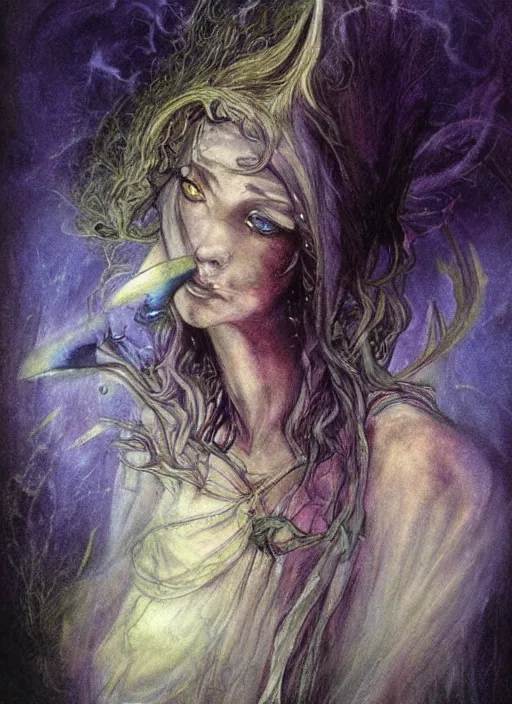 Image similar to portrait of lithe female sorceress of the fey, beautiful! coherent! dungeons and dragons character, by brian froud, strong line, night color, high contrast