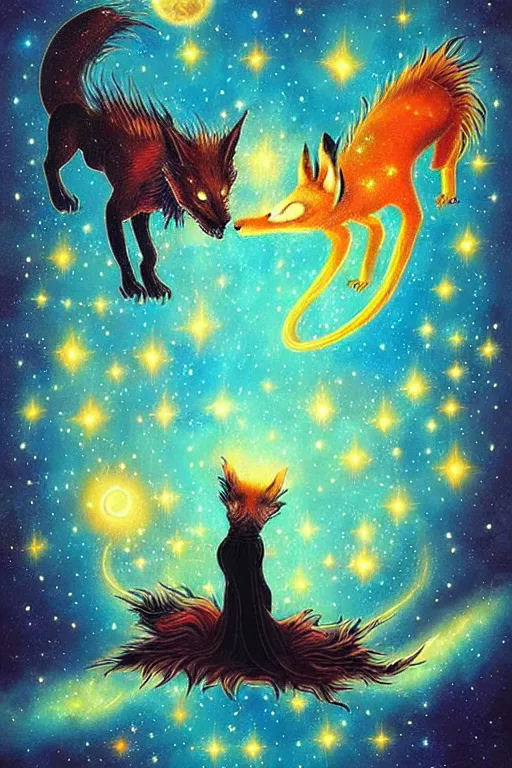 Image similar to surreal hybrid dragon and fox, Dream, magic realism, flowerpunk, mysterious, a midnight sky of nebula and starry space, vivid colors, by andy kehoe, amanda clarke