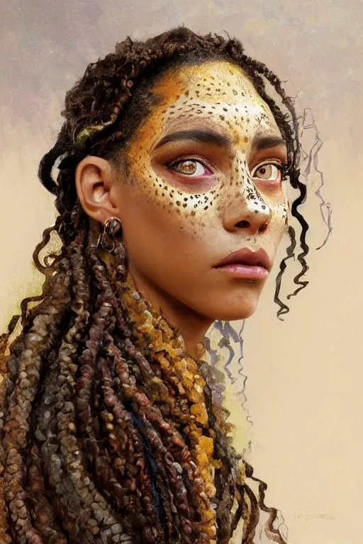 Image similar to portrait of a beautiful young aztec girl with vitiligo, covered in jaguar fur cloths, different colored eyes, curly black and brown hairs, by greg rutkowski and alphonse mucha, d & d character, gradient white to silver, highly detailed portrait, digital painting, artstation, concept art, smooth, sharp focus ilustration, artstation hq