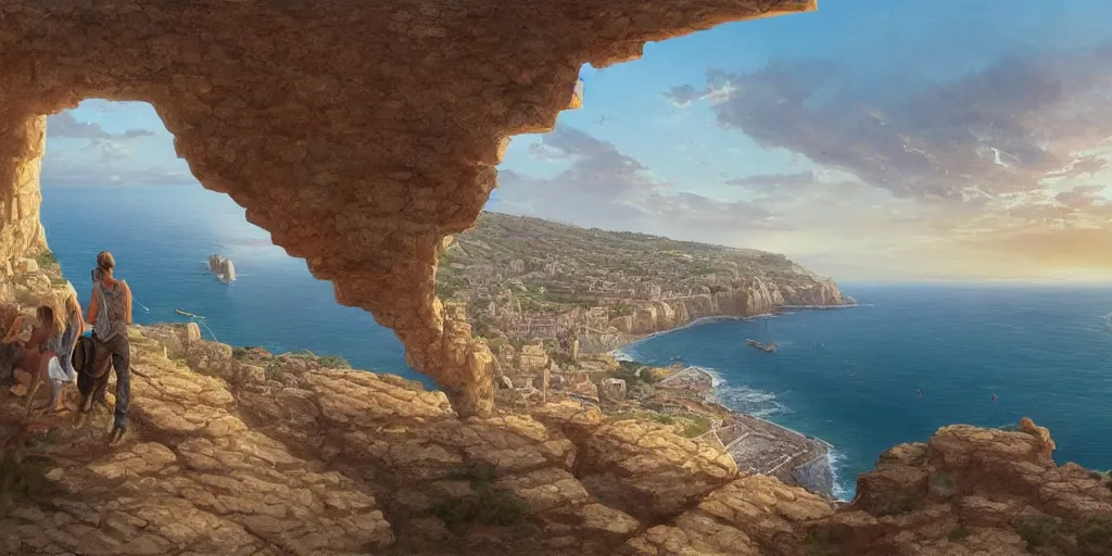 Prompt: looking out a porthole window on a cliff, wide angle, sunset, a mediterranean phoenician fishing village below, over a chalk cliff, highly detailed, digital painting, artstation, concept art, sharp focus, illustration, art by artgerm and greg rutkowski and raphael lacoste and magali villeneuve