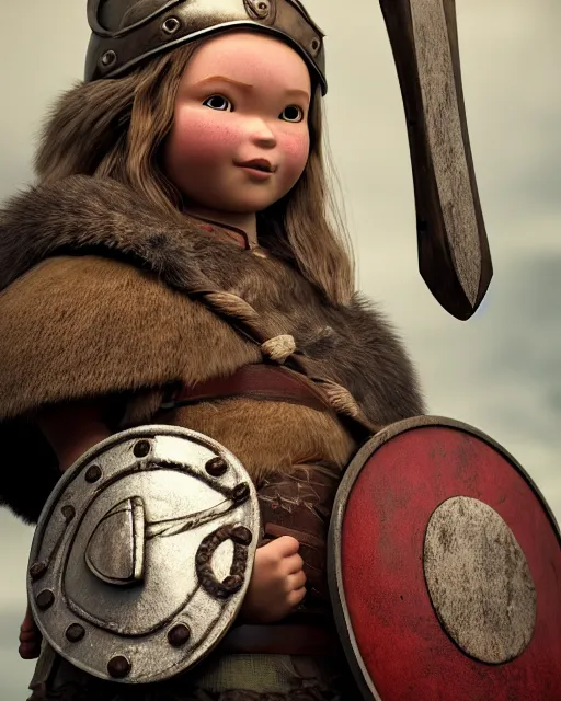 Image similar to a toy of a viking girl with her shield raised to defend, pixar style, authentic viking armor, historically accurate, clean detail, symmetrical, octane render, studio lighting