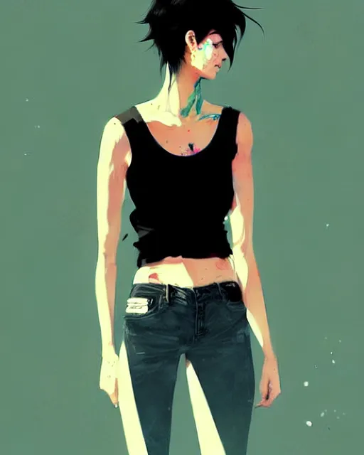 Prompt: a ultradetailed beautiful painting of a stylish woman with short hair, she is wearing a black tank top and jeans, by conrad roset, greg rutkowski and makoto shinkai trending on artstation