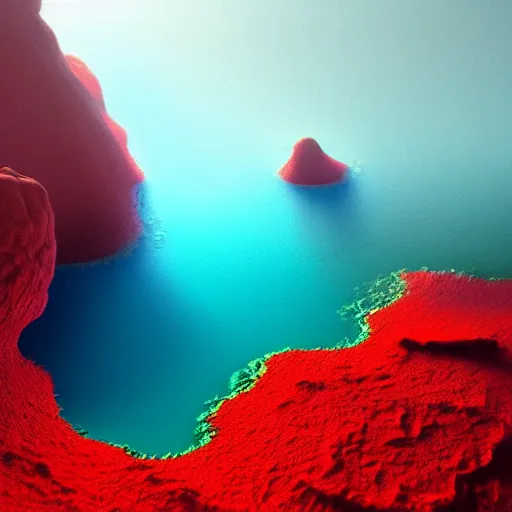 Image similar to gorgeous detailed oil painting of a red sea covered in big blue rocks, red sea, blue rocks, the further away the mistier it gets, dark aesthetic, atmospheric, concept art, octane render, unreal engine 5, trending on artstation, high quality, path traced, surreal, trending on deviantart, moody, highly detailed, masterpiece, award winning, 4 k hdr, digital art