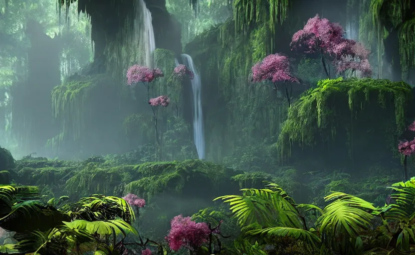 Image similar to a beautiful render of a dark prehistoric rainforest in a humongous cave, lush flora, patches of sky, magenta flowers, sunset, floating mountains and a waterfall in the background, intricate detail, hazy, humid, volumetric lighting, 8 k, photorealistic, raytracing effects, unreal engine 5